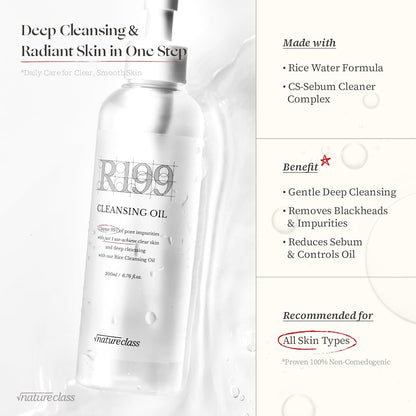 R199 Rice Cleansing Oil- Fast Emulsification, Pore-Cleansing, Blackhead Removal without Clogging Pores, Makeup Dissolving, and Hydrating Formula, Korean Skincare 6.76 Fl Oz