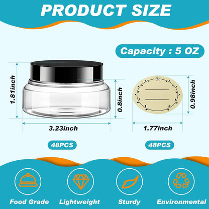 Tessco 48 Pcs Plastic Jars with Lids and Labels Body Scrub Jars Round Refillable Cosmetic Containers Empty Butter Travel Containers for Sugar Scrub Lotions Cosmetics Cream (5 oz,Clear)