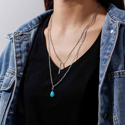 Boho Teardrop Turquoise Neckalce Layered Turquoise Pendant Neckalce Gold Bar Pendant Necklace Vintage Layering Turquoise Water drop Necklace Jewelry for Women and Girls