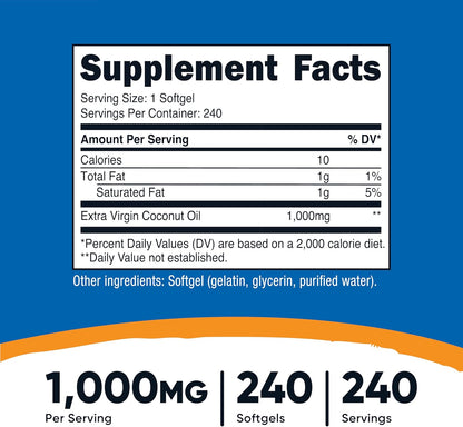 Nutricost Coconut Oil Softgels (1000mg) 240 Softgels - Extra Virgin Coconut Oil - Gluten Free and Non-GMO