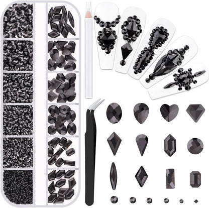 2060Pcs Black Glass Nail Rhinestones 60Pcs Multi Shapes Flatback Nail Gems + 2000Pcs 1.5-4mm Round Crystal, Manicure Nail Charms Diamond Gemstones for Acrylic Nails Decoration