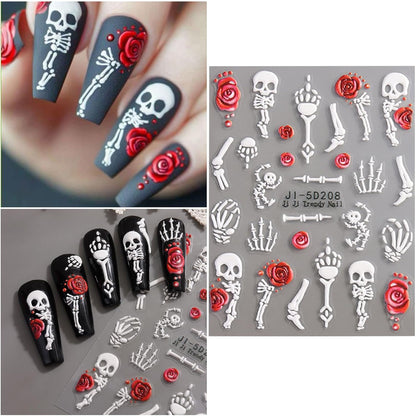 5 Sheets Halloween Nail Art Stickers Decals 5D Nail Decals Gold White Bone Pattern Sticker Self-Adhesive Skull Nails Supplies Accessories 3for Women Halloween Nails DIY Decoration