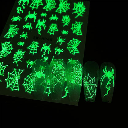 6 Sheets Halloween Nail Decals for Nail Art Glow in The Dark Spider Web Skeleton Nail Art Stickers Hand Bones Skull Nail Stickers 3D Self-Adhesive Spider Nail Supplies for Women Holiday Nails Designs