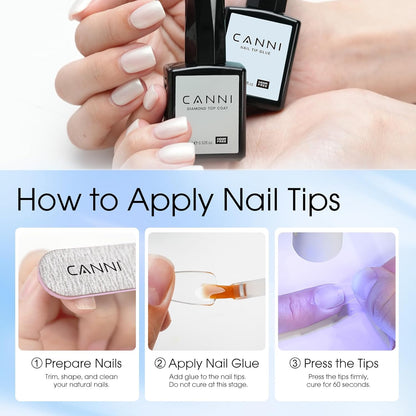 CANNI 2 Pcs No Wipe Top Coat and Gel Nail Glue for Acrylic Nails Tips False Nails Tips Gel Nail Polish Set