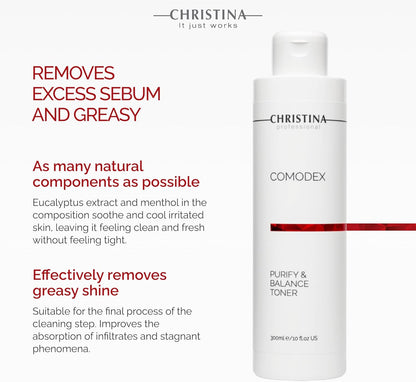 Christina Comodex Purify & Balance Facial Toner - 300ml - Non-Drying Formula with Eucalyptus and Tasman Pepper Extract - PH Balancing Toner for Combination, Normal and Oily Skin Types.