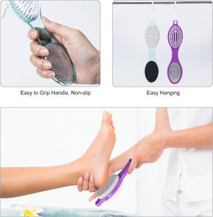 Pumice Stone Brush for Feet 4 in 1, Foot File Callus Remover, Foot Rasp and Sand Paper Pedicure Tools with Handle, Shower Foot Scrubber, Soft Smooth Feet for Home Foot Care,2 Pack