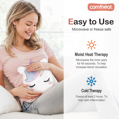 Unicorn Microwave Heating Pad for Pain Relief, Unscented Microwavable Heating Pads Stuffed Animal for Cramps, Neck Shoulder, Muscles, Natural Small Heat Pack Moist Heat with Washable Cover