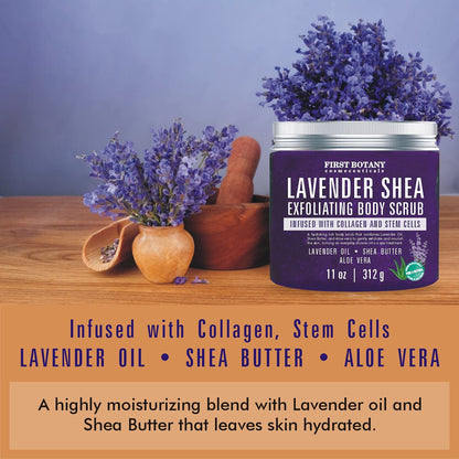 First Botany Body Scrub - Natural Exfoliating Salt Scrub & Body and Face Souffle helps with Moisturizing Skin, Acne, Cellulite, Dead Skin Scars, Wrinkles (10 fl oz, Lavender)