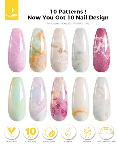 BURANO Nail Art Nail Foil Glue Gel, o.5 oz with 10PCS Foil Stickers Set Nail Foil Glue for Nails Foil Transfer Gel, Nail Design Home DIY UV LED Lamp Required (Marble Glitter) 22