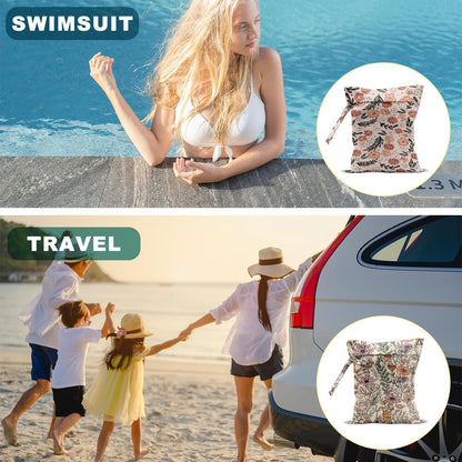 2Pcs Floral Print Wet Bags, Wet Dry Bag Reusable for Swimsuit, Travel, Diapers, Pool, Beach, Dirty Yoga Gym Clothes, Toiletries, Makeup Bag, Zipper Pouch Waterproof Birthday Christmas Gifts