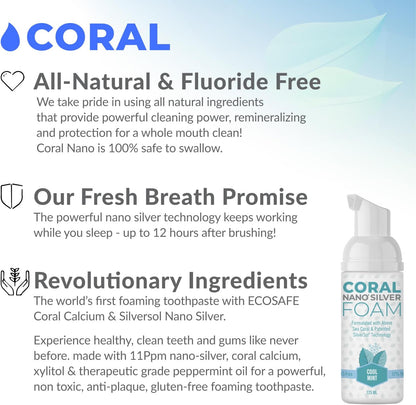 Coral Nano Silver Foaming Toothpaste, Natural Fluoride Free Toothpaste, SLS and Glycerin Free, Cool Mint, 4 Ounce