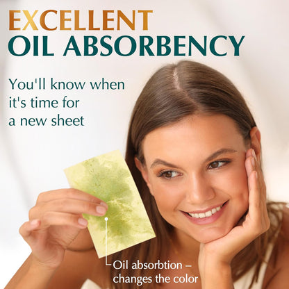 Natural Green Tea Oil Blotting Sheets for Face - 25% Larger Sheets (4.7x3”) - 100 Makeup Friendly Blotting Papers for Face - Easy Dispensing Oil Absorbing Sheets for Face