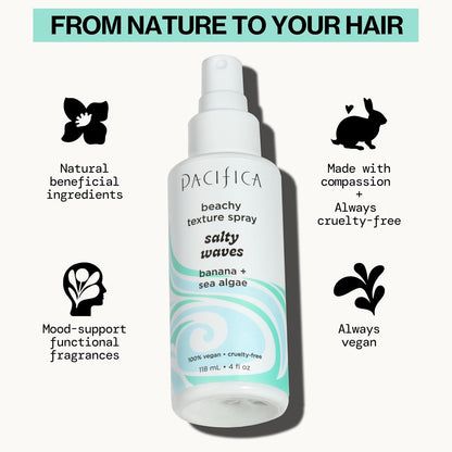 Pacifica Salty Waves Sea Salt Texturizing Spray, Coconut Scent 4oz – Beachy Waves Hair Spray for Tousled Texture & Volume, Surf Salt Spray with Coconut & Sea Algae, Lightweight, Vegan