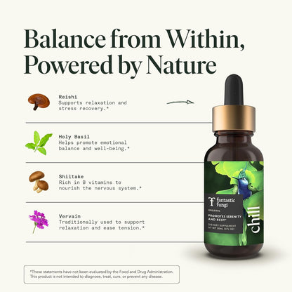 Reishi Mushroom Extract Drops Fantastic Fungi Chill Elixir, 4-in-1 Mood Support Supplement w/ Holy Basil & Shiitake Mushrooms for Relaxation & Calm | 100% Organic & Natural | 30 Servings, 1 fl oz