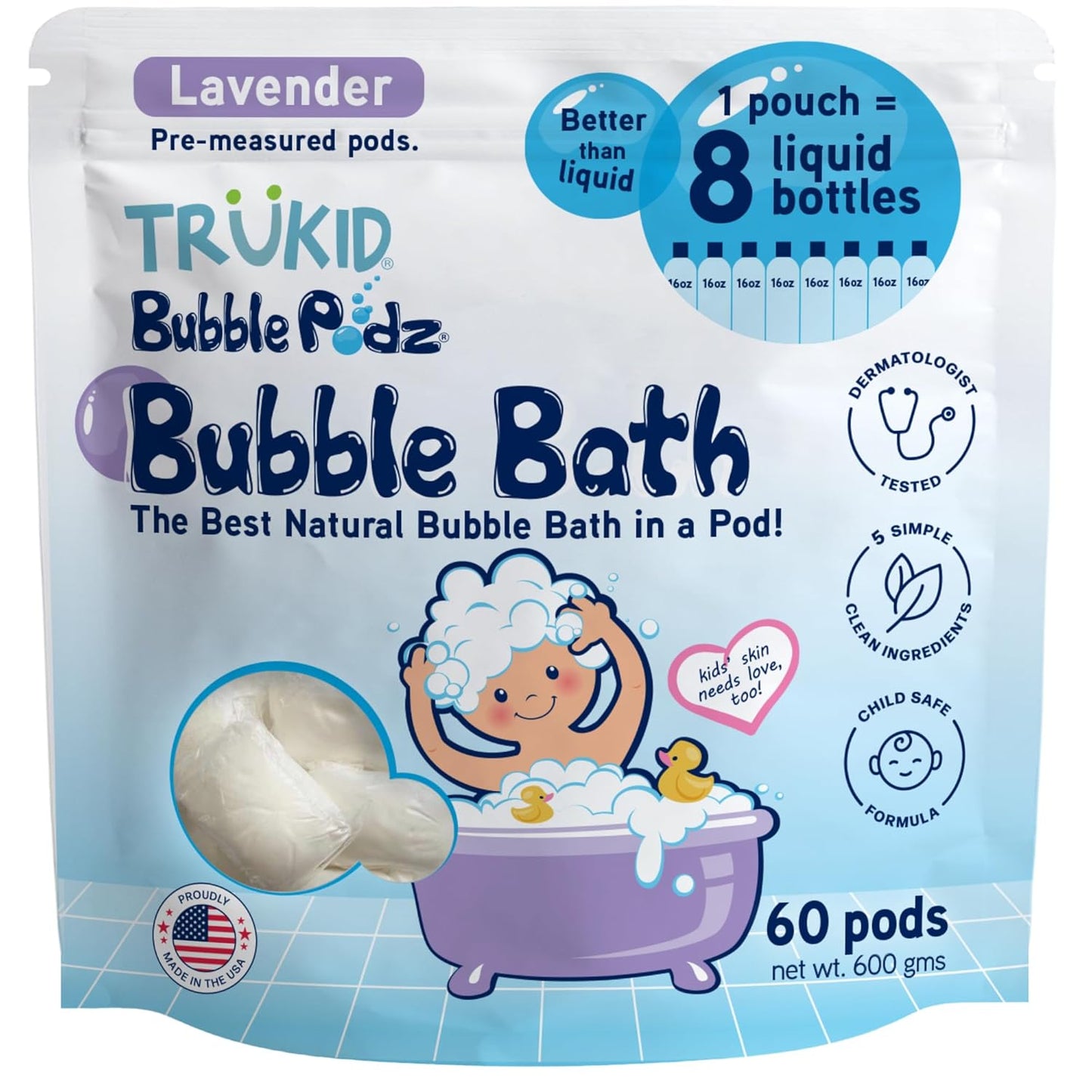 TruKid Bubble Podz Bubble Bath for Kids, Toddlers, & Babies, Tear Free Gentle & Refreshing Bath Bomb for Sensitive Skin with Natural Moisturizers, Non-Toxic, pH Balanced, Lavender Scent (60 Podz)