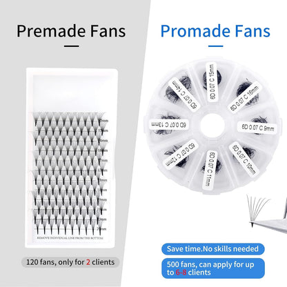 Pre-made Fans Eyelash Extension 500+6D Loose Volume Fans D Curl Premade Volume Fans 9-16mm