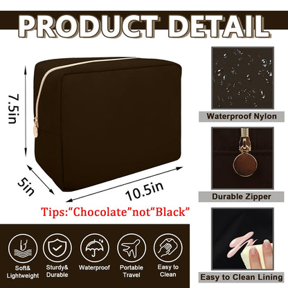Large Makeup Bag Pouch,Nylon Women Travel Toiletry Storage Bag Preppy Cosmetic Bag for Girls,Big Makeup Organizer Bag Cute Zipper Pouch Skincare Bag for Sport Work Gift(Large-Chocolate)