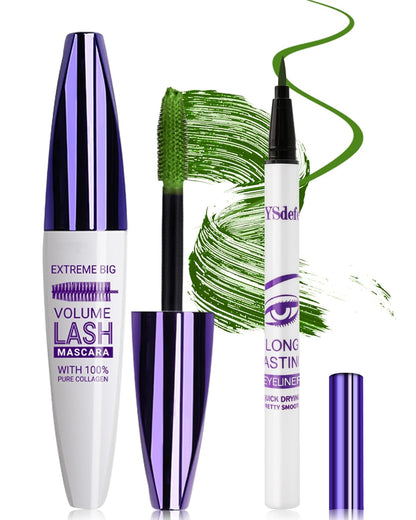 Green Mascara Liquid Eyeliner Set, Update Longlasting Waterproof Color Eye Liner Pen, 5D Silk Fiber Colored Mascara Volume and Length, Halloween Party Stage Use Eye Makeup Gift Kit for Women Girl-06