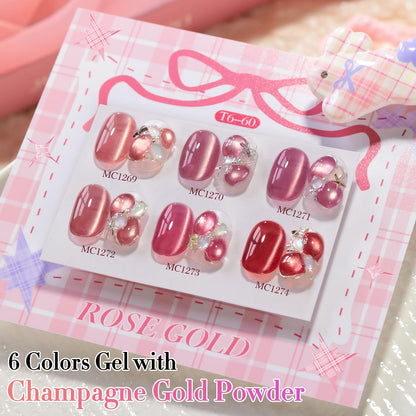 Double Rhythm Cat Eye Gel Nail Polish Set of 6 Same Color Same Bottle 0.5 Oz Shimmer Glitter with Magnet Holographic Reflective Magnetic UV Nail Polish Kit at Home (Golden Rose Pink-T6-60)
