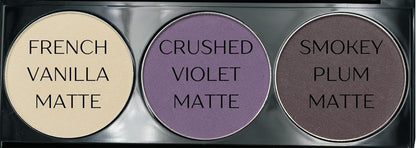 Off White, Matte Medium Lavender Violet, and Matte Deep Purple Vegan Eyeshadow Trio Palette; Talc, Paraben & Cruelty Free