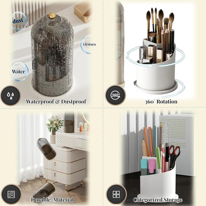 B-H1 Makeup Brush Holder with Dustproof Cover 360 Rotating Makeup Brushes Organizer for Vanity Desktop Bathroom (Gray)