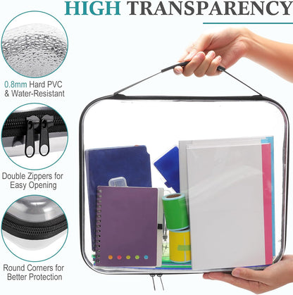 Sanwuta 4 Pcs Clear Hard Zipper Case with Handle Office Storage Cases Hard Plastic Pouches Transparent Bins for Crafts, Pencils, Snacks, Cosmetics, Puzzles(13.8 x 11.8 x 2 Inches,Black)