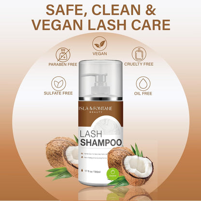 ISLA & FONTANE Lash Shampoo Bulk – Multi-Scent Series – 17 fl oz / 500ml | Gentle Eyelash Cleanser for Lash Extensions | Non-Irritating | Professional Lash Bath Foam For Salon And Home Use (Coconut)