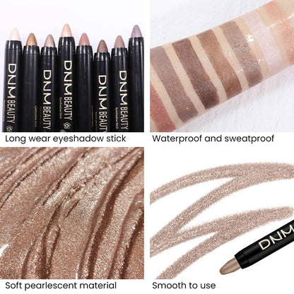 8Pcs Cream Eye Shadow Brightener Stick Makeup Set, Champagne Pearl Taupe Bronze Cocoa Stone Putty Smoky Amethyst Shimmer Matte Eyeshadow Eyeliner Pencil Applicator Stick Palette Makeup for Older Women