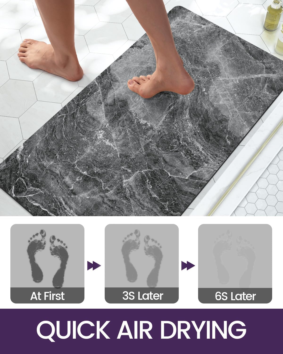 DEXI Bath Mat 16x24, Non Slip Quick Dry Rugs, Super Absorbent Ultra Thin Marble Bathmat, Washable Rubber Mats for Shower Floor, in Front of Bathtub, Sink, Bathroom Accessories Decor, Dark Grey