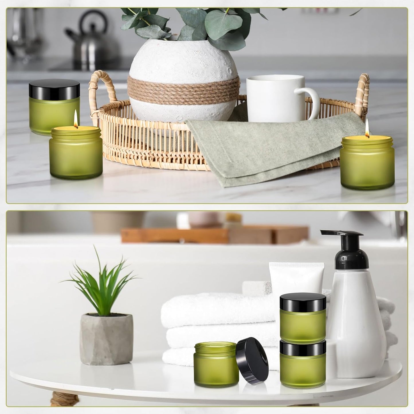 Domensi 48 Pcs 2 oz Glass Jars with Lids Travel Size Round Leakproof Empty Cosmetic Jars with Inner Liners Lid for Storing Makeup Lotions Face Cream Ointments Candle DIY Making (Pea Green)