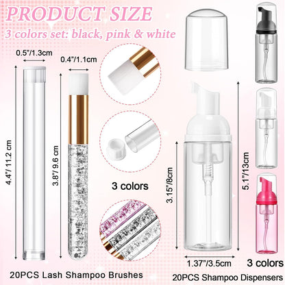 Zhehao 80 Pcs Lash Shampoo Bottle Brushes Kit 20 Foam Pump Dispensers 20 Lash Shampoo Brushes 20 Eyelash Aftercare Bag 20 Cleaning Pipes, Eyelash Extension Supplies(Colorful)