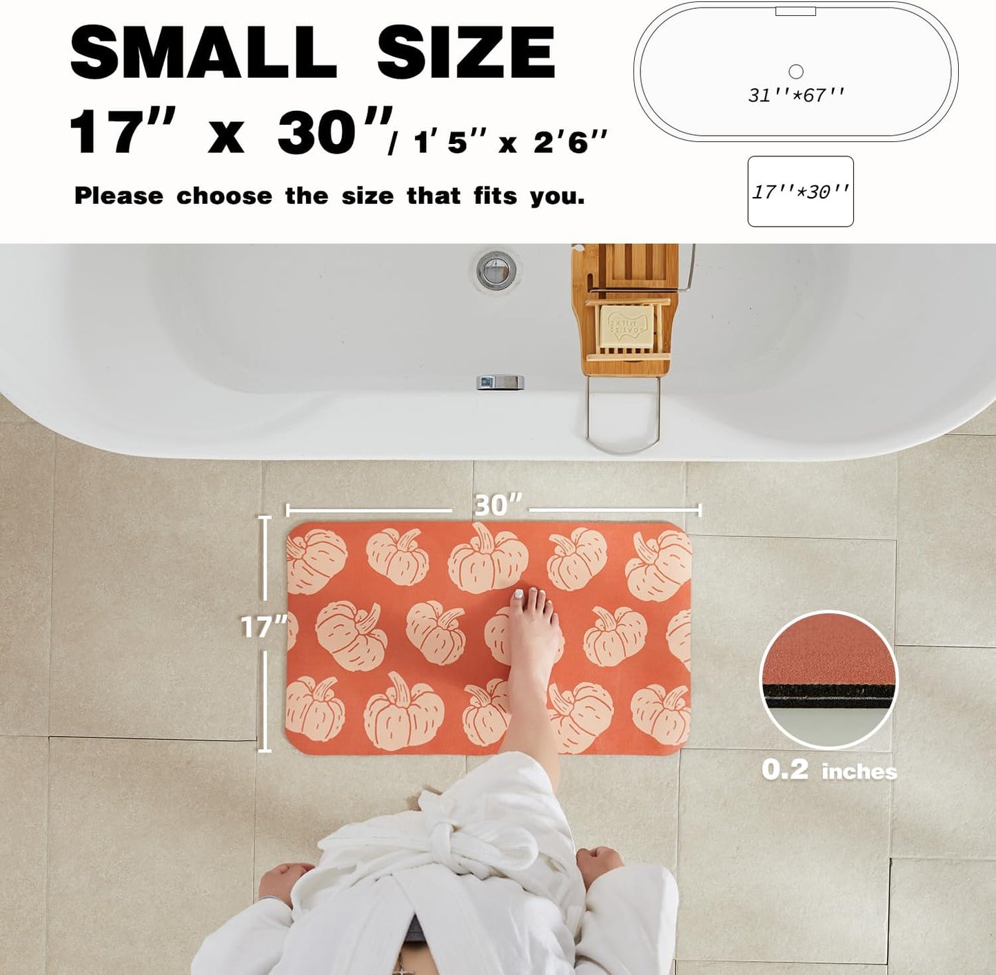 Halloween Bath Mat, Thin Halloween Bathroom Rug Non-Slip Quick Dry Pumpkin Bath Mat Fits Under Door Thin Floor Mat Fall Halloween Decor, 17’’x30‘’, Pumpkins Orange