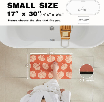 Halloween Bath Mat, Thin Halloween Bathroom Rug Non-Slip Quick Dry Pumpkin Bath Mat Fits Under Door Thin Floor Mat Fall Halloween Decor, 17’’x30‘’, Pumpkins Orange