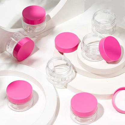 SATINIOR 24 Pieces Empty Clear Plastic Jars with Lids Round Storage Containers Wide Mouth for Beauty Product Cosmetic Cream Lotion Liquid Butter Craft and Food(Pink Lid,1 oz)
