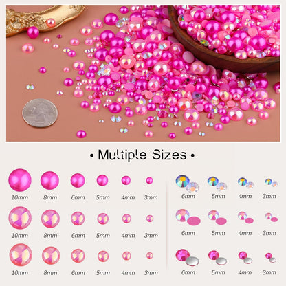 80g Flatback Pearls and Rhinestones for Crafting, Dark Pink 3-10mm Resin Rhinestones and Half Pearls for Bedazzling, Nail Art and Dec with 3pcs 10ml B7000 Jewelry Glue, Tweezer and Pickup Pencil