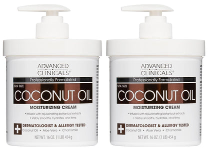Advanced Clinicals Coconut Oil Body Cream For Women & Men | Hydrating Coconut Lotion For Extremely Dry Skin | Visible Anti Aging Body Butter Skin Care Balm Moisturizer For Hand, Heel, Feet, 16oz, 2PC