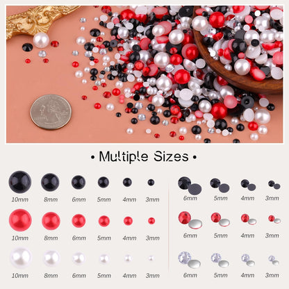 80g Flatback Pearls and Rhinestones for Crafting, Red White Black 3-10mm Resin Rhinestones and Half Pearls for Bedazzling, Nail Art and Dec with 3pcs 10ml B7000 Jewelry Glue, Tweezer and Pickup Pencil