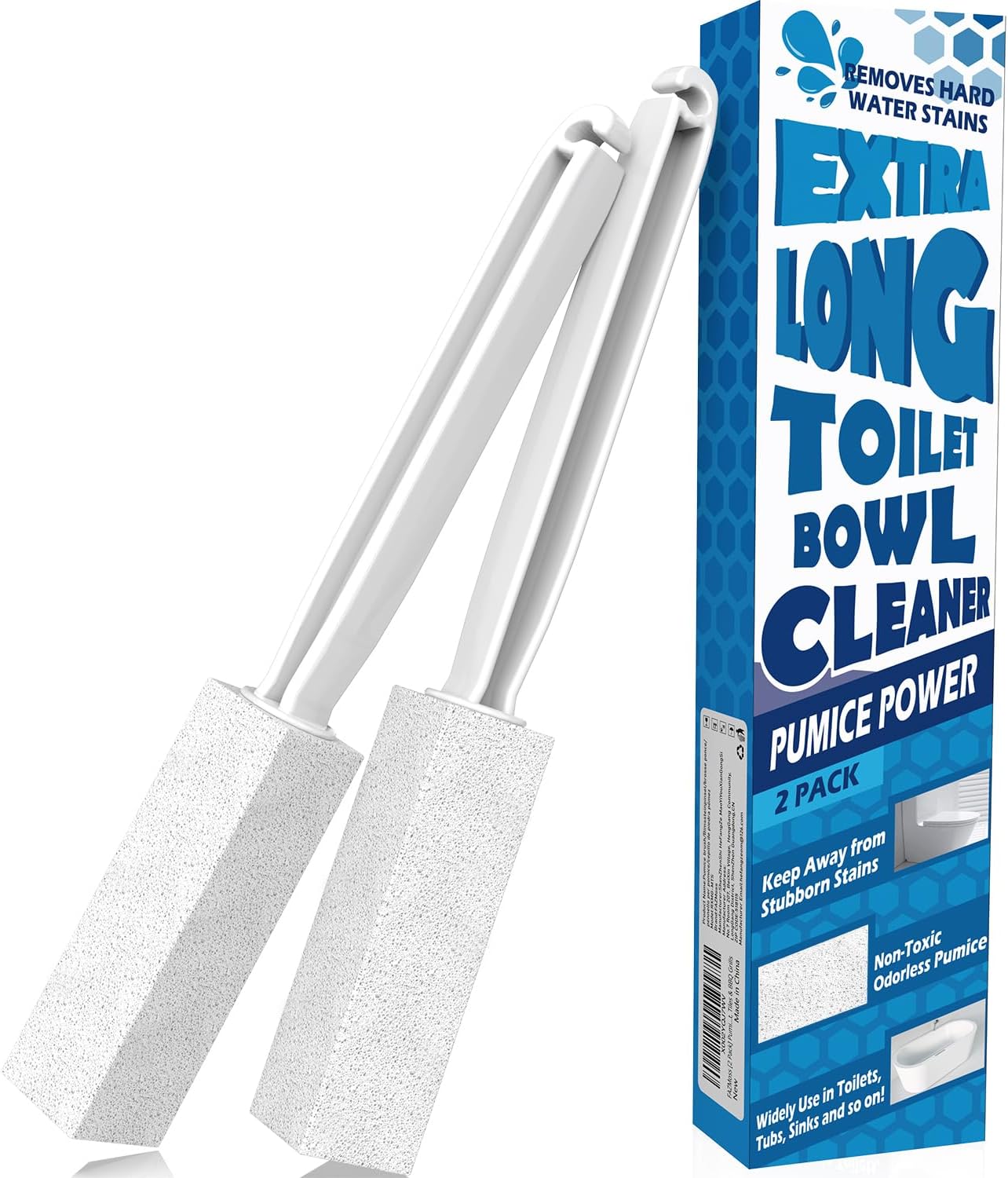2 Pack Pumice Stone for Toilet Cleaning, Extra Long Handle for Removing Bowl Ring, Pool, Bathroom, Toilet Brush (White)