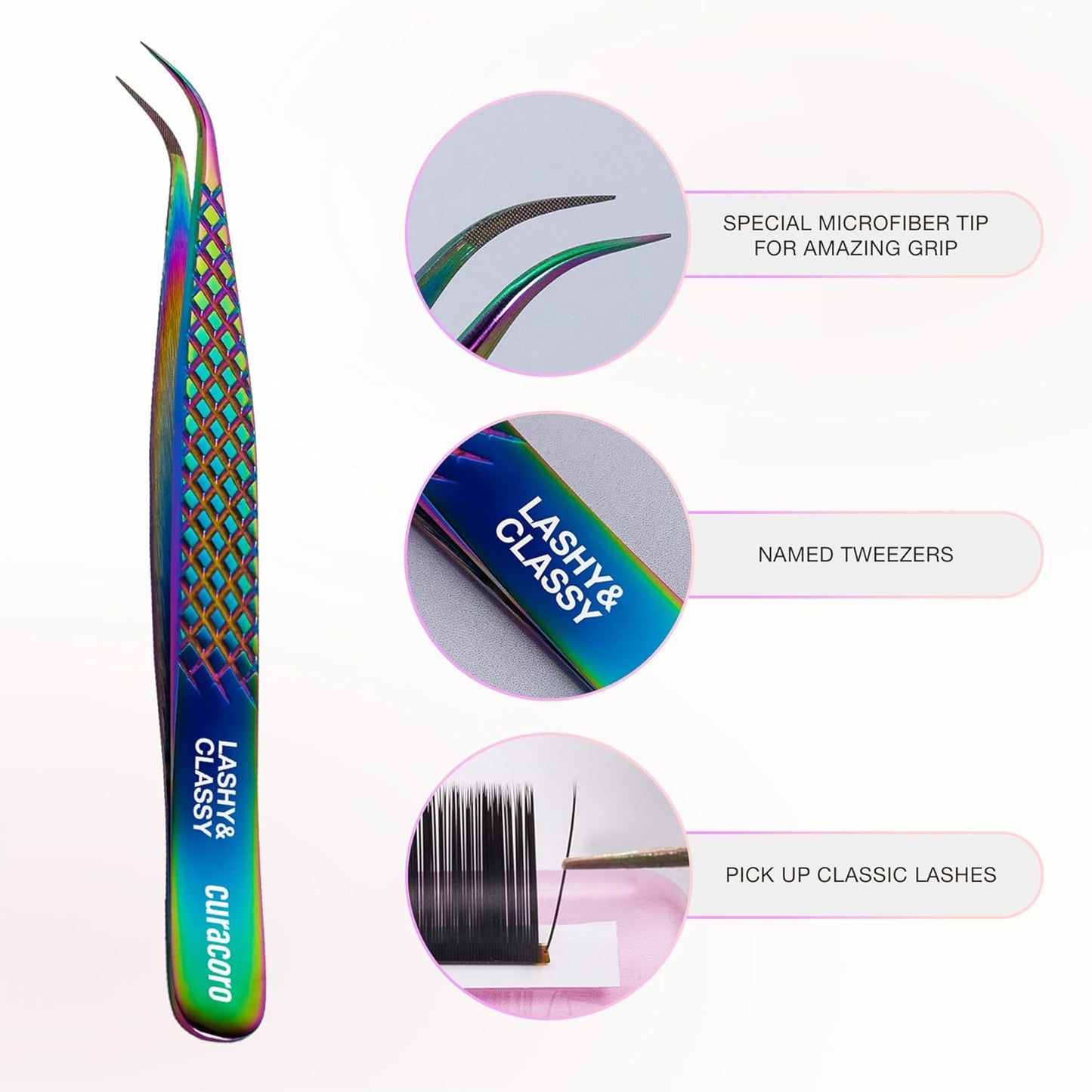 Curacoro Lash Tweezer - Professional & Precision Fiber Tip Grip Lash Tweezers for Eyelash Extensions, Multi Shapes & Purposes Tweezers for Volume, Isolation & Classic Lashes (Galaxy, Lashy and Classy)