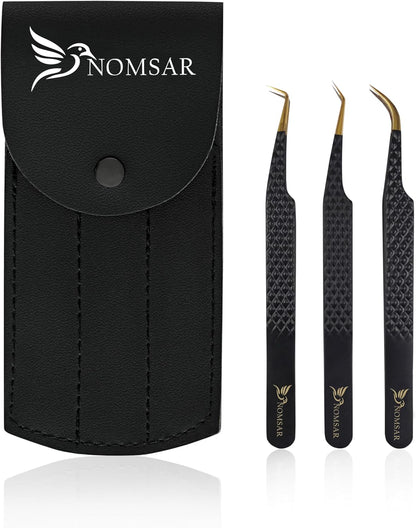 Eyelash Extensions Tweezers, Set of 3 - Stainless Steel with Diamond Grip for Volume lash Extension - Fiber Tip Tweezers for Multipurpose & Application (Black)