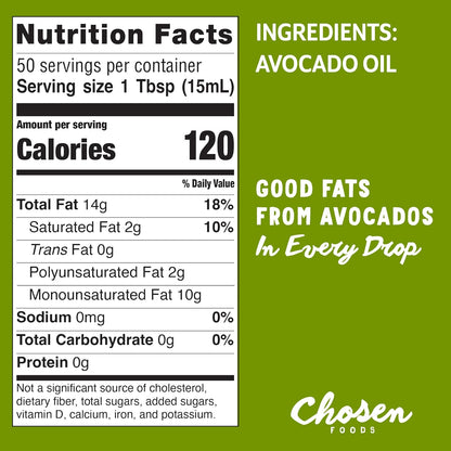 Chosen Foods 100% Pure Avocado Oil for Cooking - 25.4 floz - Rich in Good Fats, Naturally Refined, High Smoke Point, Non-GMO, Soy-Free, Canola Oil-Free, Gluten-Free, Keto + Recipe eBook
