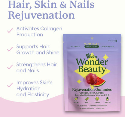 Plant People WonderBeauty Hair, Skin & Nails Rejuvenation Gummies with Tremella Mushroom, Marine Collagen Peptides, Keratin, & Biotin – Watermelon Flavor, 60 Gummies