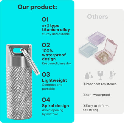 Pill case, Titanium Pill Box Keychain - 100% Waterproof Medicine Organizer, Keychain Pill Container for Emergency Pills, Outdoor Travel Camping