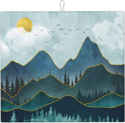 Mountain Peaks Nature Landscape Kitchen Drying Mat Modern Decorative Microfiber Dish Drainer Mat for Kitchen Counter Absorbent Reusable Washable 16x18 Inch