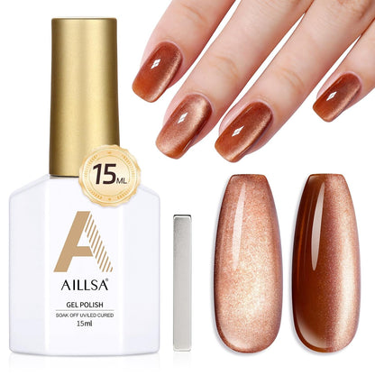 AILLSA Cat Eye Gel Nail Polish Brown Glitter Gold Gel Polish with Magnet, Amber Nude Shimmer Gel Polish Crystal Reflective Jelly Winter Color Translucent UV Gel Salon DIY at Home 0.5 OZ GF24