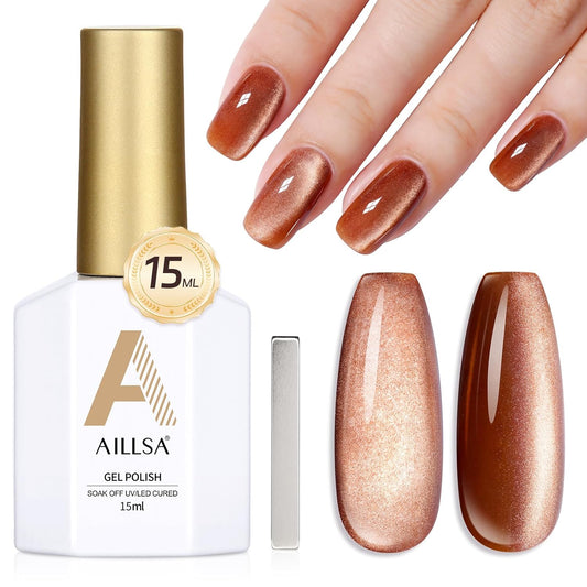 AILLSA Cat Eye Gel Nail Polish Brown Glitter Gold Gel Polish with Magnet, Amber Nude Shimmer Gel Polish Crystal Reflective Jelly Winter Color Translucent UV Gel Salon DIY at Home 0.5 OZ GF24