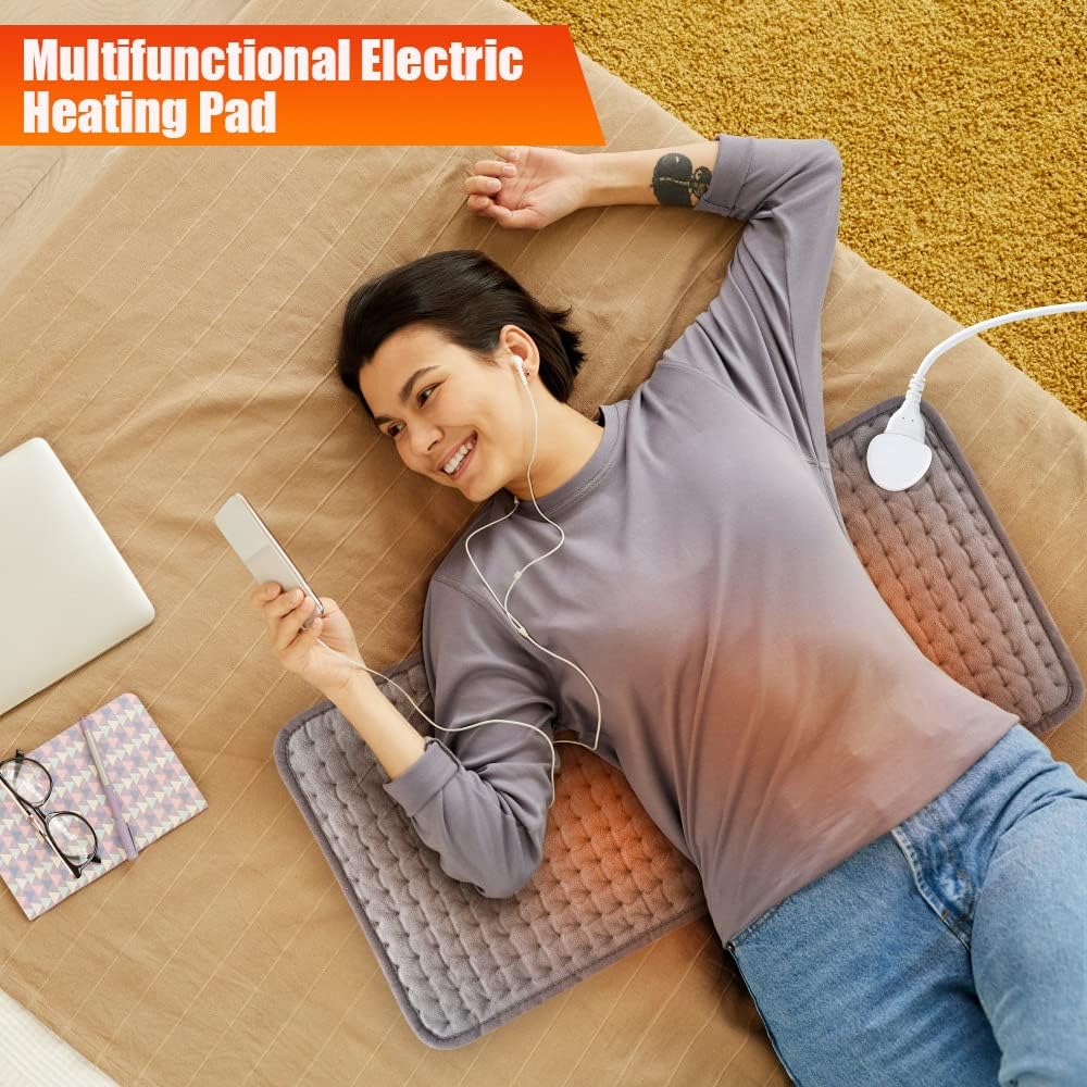Heating Pad, Electric Heating Pad 24"X12" for Back Neck Shoulder Belly Heating Technology, Ultra-Soft Moist & Dry Therapy Heat Pad with 10 Temperature Settings 3 Timer, Automatic Switch-Off, Grey