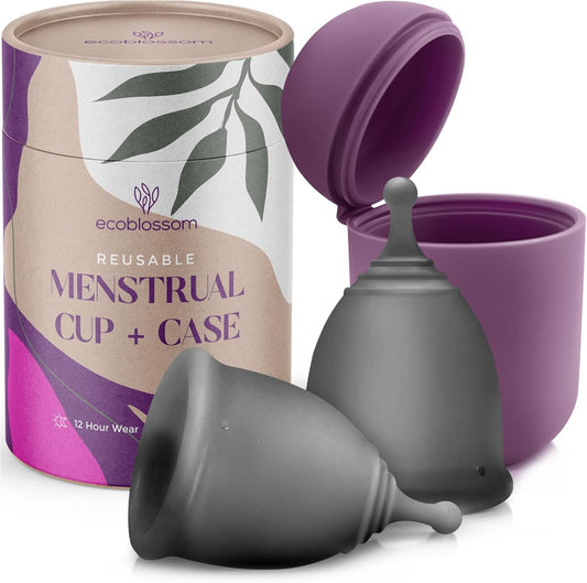 EcoBlossom Reusable Menstrual Cup and Case - The Most Reliable Medical Grade Silicone Period Cups - Comfortably use for 12 Hours (Large (Pack of 2), Gray Cup & Case)