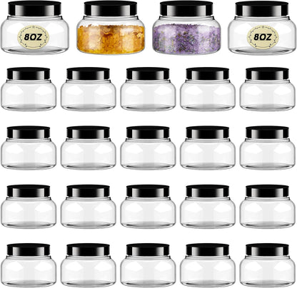 Tessco 24 Pack Plastic Jars with Lids Labels Empty Clear Plastic Jars Round Refillable Cosmetic Containers Body Butter Containers Bulk Sugar Scrub Bottle for Make Up (8 oz,Clear, Black)