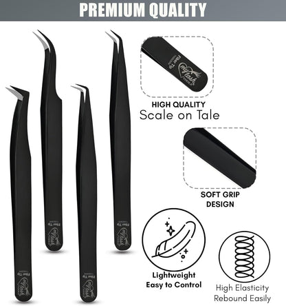Fiber Tip Lash Tweezers for Lash Extensions, Precision Boot Volume Eyelash Extensions Tweezers Japanese Steel Curved & Isolation fiber grip tweezers pinzas para pestaas (4pcs Set)